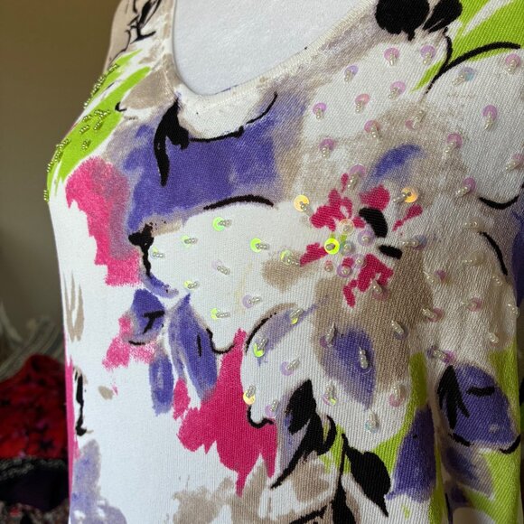 Peck & Peck Floral Print Lightweight Knit Top w/Sequin & Bead Accents Size XL - Picture 5 of 10